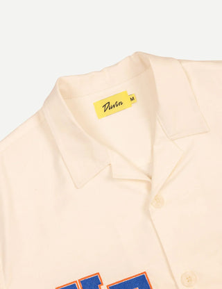  Duvin x Florida Gators Cabana Shirt in Off White with embroidered UF and Gator chest details, contrast paneling, camp collar, and dual patch pockets.