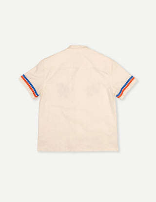  Duvin x Florida Gators Cabana Shirt in Off White with embroidered UF and Gator chest details, contrast paneling, camp collar, and dual patch pockets.