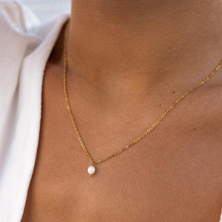 ALCO Isla necklace in 18K gold-plated stainless steel with freshwater pearl, lobster clasp, and 16 inch chain.