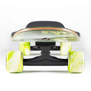 “Sector 9 Cascade Ninety Five complete skateboard showing mossy forest stream photography, woodgrain detailing, green-and-white wheels, and black grip tape.”