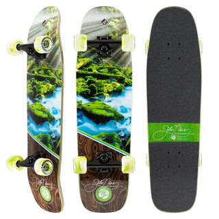 “Sector 9 Cascade Ninety Five complete skateboard showing mossy forest stream photography, woodgrain detailing, green-and-white wheels, and black grip tape.”