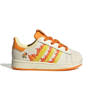 adidas Originals Pokémon Superstar II Elastic Lace "Charmander" Kid's Shoes in Cream White/Shock Yellow/Bright Orange — Charmander tongue label and lateral side deboss, flaming 3-Stripes, coated leather upper, elastic lace closure, rubber outsole
