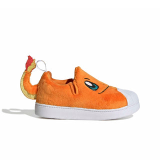 adidas Originals Pokémon Superstar Quickon "Charmander" Kid's Shoes in Orange/Orange/Footwear White — plush Charmander design with cosy fur material, Charmander eyes and nose on upper, fluffy tail on backside, elastic closure, rubber outsole