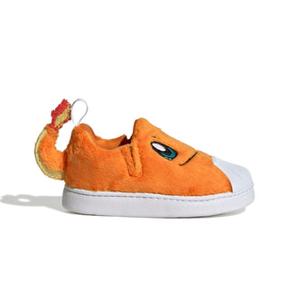 adidas Originals Pokémon Superstar Quickon "Charmander" Kid's Shoes in Orange/Orange/Footwear White — plush Charmander design with cosy fur material, Charmander eyes and nose on upper, fluffy tail on backside, elastic closure, rubber outsole for infants