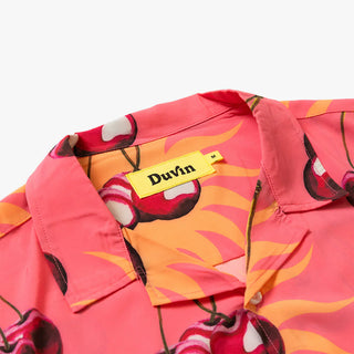 Duvin Cherry Buttonup: Lightweight stretch fabric, cherry print, camp collar, easy wash and dry.
