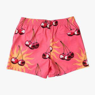 Duvin's Cherry Swim Shorts: Vibrant print, quick-dry stretch fabric, side and back pockets, elastic mesh liner.