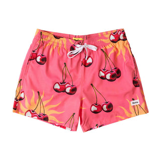 Duvin's Cherry Swim Shorts: Vibrant print, quick-dry stretch fabric, side and back pockets, elastic mesh liner.