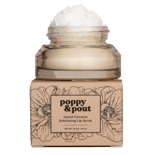 Poppy & Pout Island Coconut Lip Scrub, tropical coconut scent, natural sugar exfoliation, soft and smooth lips.