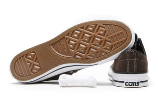 Converse CONS Chuck Taylor All Star Pro skate shoes in Walnut, durable suede upper with CX foam cushioning, elastic tongue bands, CONS traction rubber outsole, and classic Chucks aesthetic
