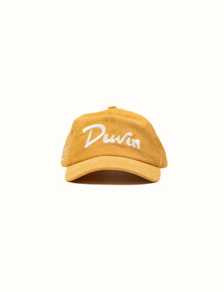 Yellow Duvin Script Corduroy Hat with unstructured design and shark bite side embroidery.
