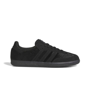 adidas Skateboarding Samba ADV Shoes in Core Black/Core Black — tonal all-black leather upper with reinforced T-toe, grippy rubber cupsole, serrated 3-Stripes, and signature Samba branding