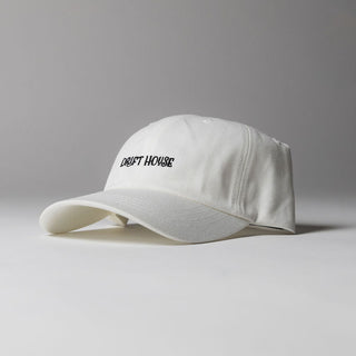 White Drift House 6-panel strapback hat with black logo script embroidered logo