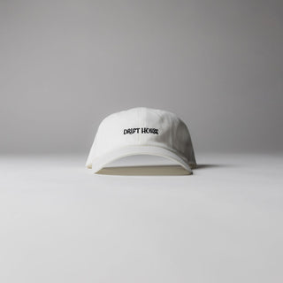 White Drift House 6-panel strapback hat with black logo script embroidered logo