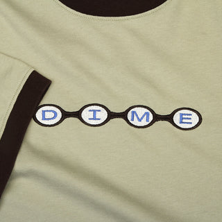 Dime Space Ringer Tee in Sage with dark brown neckline and sleeve trim and a centered Dime logo