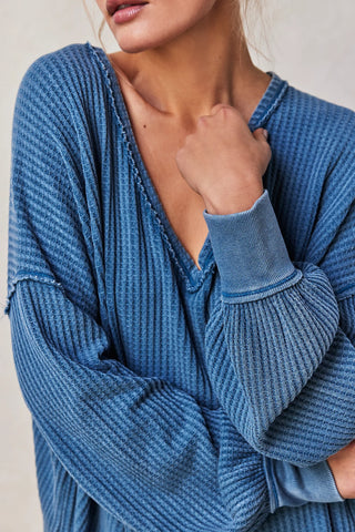 Free People Coraline Thermal in Legion Blue, relaxed fit, waffle knit, V-neck.