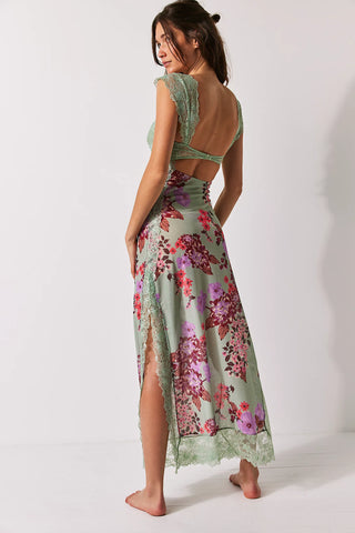 Free People Maxi Slip in Sage Combo, sweetheart neckline, back cutout, side slit, lace detail, floral print.