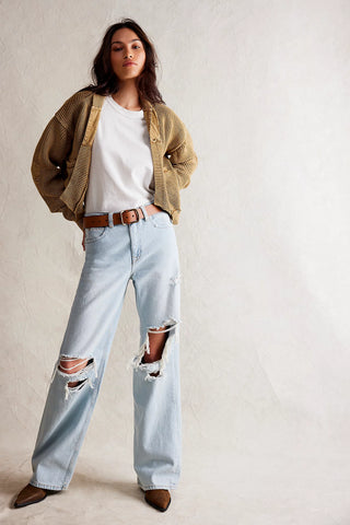 High-rise, baggy Free People jeans in rigid denim with utility details.