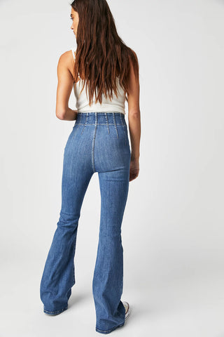 Free People Jayde Flare Jeans in Sunburst Blue, high-rise, flared, stretch denim, exposed button fly.