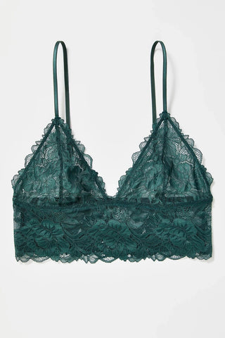 Free People floral lace longline bralette in evergreen with scallop edge trim and adjustable straps.