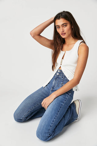 Free People Jayde Flare Jeans in Sunburst Blue, high-rise, flared, stretch denim, exposed button fly.