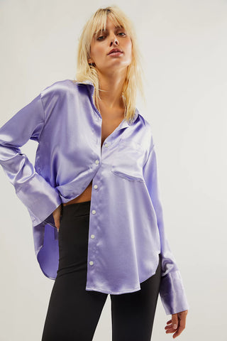 Free People buttondown in Heavenly Lavender, relaxed fit, silky fabric, classic collar, patch pockets.