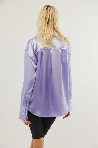 Free People buttondown in Heavenly Lavender, relaxed fit, silky fabric, classic collar, patch pockets.