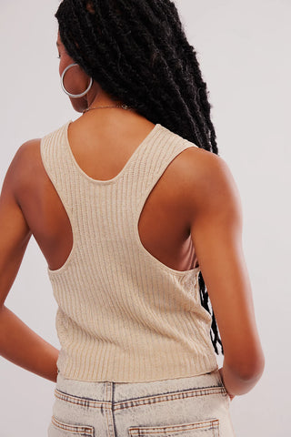 Soft knit Free People Seascape Vest in Conch Combo, deep V-neck, button-front, slightly cropped and relaxed fit.