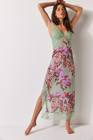 Free People Maxi Slip in Sage Combo, sweetheart neckline, back cutout, side slit, lace detail, floral print.