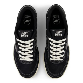 New Balance Numeric 440 V2 skate shoes in Black and Sea Salt with reinforced suede, synthetic, and mesh upper, ABZORB midsole for impact absorption, NDurance rubber outsole, and durable rubber cupsole