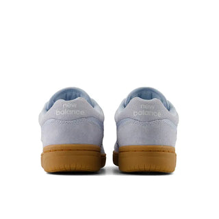 New Balance Numeric 480 skate shoes in Oxford Blue/White, lightweight suede and mesh upper with FuelCell cushioning, reinforced skate toe, and heritage hoops styling
