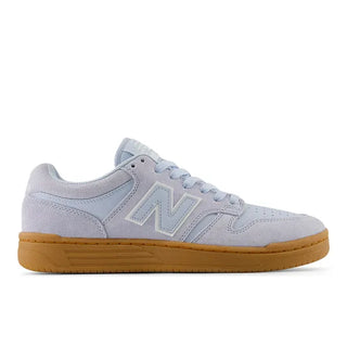 New Balance Numeric 480 skate shoes in Oxford Blue/White, lightweight suede and mesh upper with FuelCell cushioning, reinforced skate toe, and heritage hoops styling