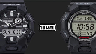 Two Casio G-Shock watches with digital and analog displays on a black background.