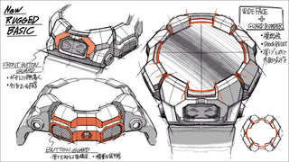 Technical drawings of a rugged device with labeled parts on a white background