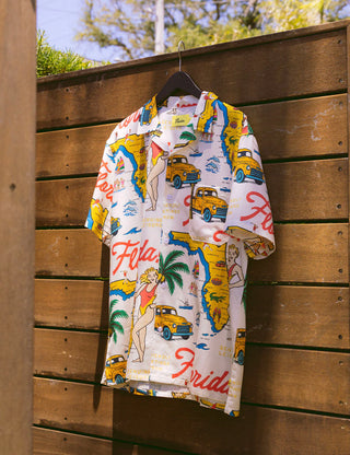 Duvin Florida 2.0 Cabana Shirt with vintage Florida postcard print and camp collar.
