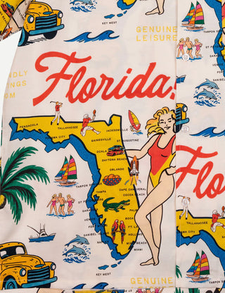 Duvin Florida 2.0 Cabana Shirt with vintage Florida postcard print and camp collar.