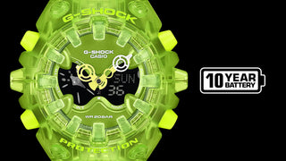 G-SHOCK GAV01SKE-3A Analog-Digital Watch in translucent Green — Y2K-inspired design with integrated bezel, Shock Release Hand magnetic minute hand, full-screen LCD, metallic openwork dial, and 10-year battery life.