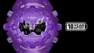 G-SHOCK GAV01SKE-6A Analog-Digital Watch in translucent Purple — Y2K-inspired design with integrated bezel, Shock Release Hand magnetic minute hand, full-screen LCD, metallic openwork dial, and 10-year battery life.