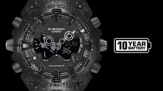 G-SHOCK GA-V01SKE-8A Analog-Digital Watch in translucent Black — Y2K-inspired design with integrated bezel, Shock Release Hand magnetic minute hand, full-screen LCD, metallic openwork dial, and 10-year battery life.