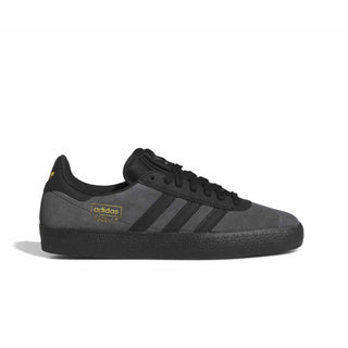 adidas Skateboarding Gazelle ADV Shoes in Dark Grey/Grey Six/Gold Metallic — iconic low-profile Gazelle silhouette with suede upper, reinforced ollie zone, and cupsole construction