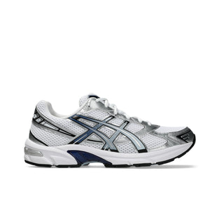 ASICS GEL-1130 Shoes in White/Storm Cloud — late-2000s retro runner with breathable mesh, recycled overlays, GEL® heel cushioning, and TRUSSTIC® support