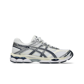 ASICS GEL-CUMULUS 16 running shoes in white and midnight colorway with synthetic leather overlays, breathable mesh, dual GEL technology cushioning, and 2010s design"
