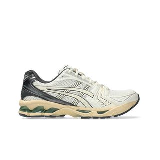 ASICS GEL-KAYANO 14 sneakers in Cream and Obsidian Grey with late 2000s-inspired design, GEL™ technology cushioning, TRUSSTIC® support system, and eco-friendly sockliner