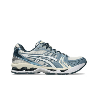 ASICS GEL-KAYANO 14 Shoes in Cream/Raw Indigo - 2000s-inspired sneaker with GEL™ technology cushioning, TRUSSTIC® support system, and eco-friendly construction
