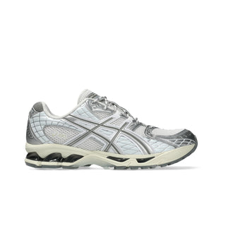 ASICS GEL-NIMBUS 10.1 sneakers in White and Airy Blue colorway with asymmetric mesh upper and GEL® technology cushioning