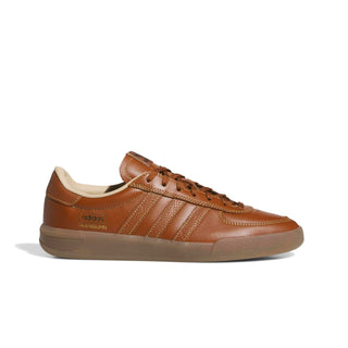 adidas Skateboarding Glenburn Shoes in Dusky Bronze/Gold Metallic/Gum — terrace-inspired skate shoe with leather upper, EVA heel cushioning, Three Stripes branding, and rubber outsole
