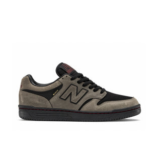 Side view of the New Balance Numeric 480 Gore-Tex shoe with grey panels, black laces, black outsole, and an N logo
