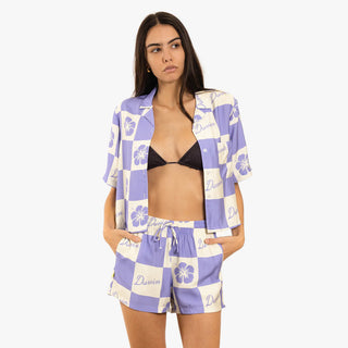 Duvin Hawaiian Checkered cabana beach shorts with adjustable drawstring and side hem label.