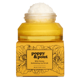 Poppy & Pout Wild Honey Lip Scrub, natural exfoliation, sugar and essential oils, smooth lips, yellow container.