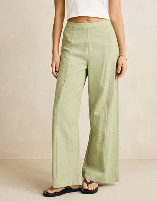Rhythm Vista Stripe Wide Leg Pant in Olive, lightweight textured fabric with mid-rise waistband, relaxed wide leg silhouette, and subtle vertical stripe in a full-length cut