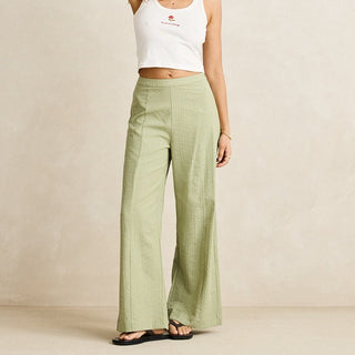 Rhythm Vista Stripe Wide Leg Pant in Olive, lightweight textured fabric with mid-rise waistband, relaxed wide leg silhouette, and subtle vertical stripe in a full-length cut